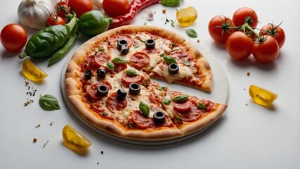 Pizza slices with flying ingredients on white background