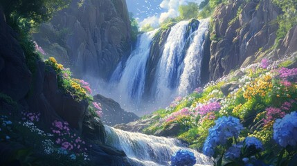Serene Waterfall Cascading Through a Blooming Paradise