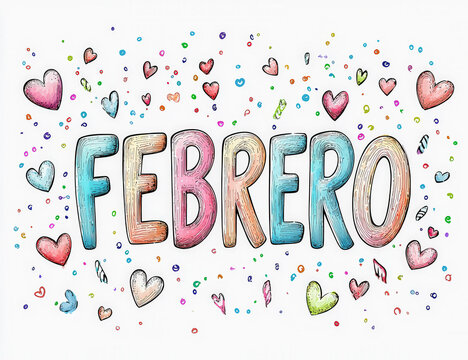 Fondo con dibujos con la palabra febrero inscrita y rodeadas de corazones en colores, y dibujos sobre fondo blanco