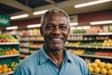 Close portrait of a smiling senior Vanuatuan male grocer standing and looking at the camera, Vanuatuan grocery store blurred background