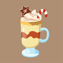 Glass cup with coffee drinks, cacao with whipped cream, candy, cookie on beige background for stickers, icons, posters, cards