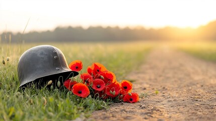 A bouquet of vibrant red poppies placed next to an old soldier s helmet in warm golden hour light honoring the memory and sacrifice of fallen soldiers