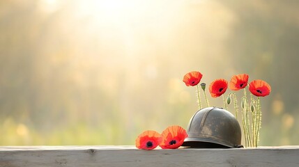 Vibrant red poppy flowers bloom beside an antique military helmet bathed in a soft golden light that symbolizes remembrance and honor for those who have served