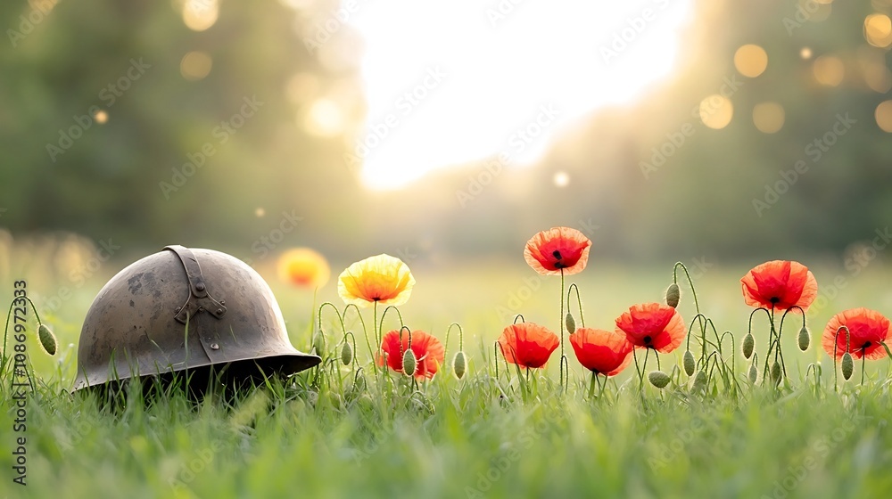 Poster striking close up image of vibrant red poppies against a backdrop of soft warm golden lighting with 