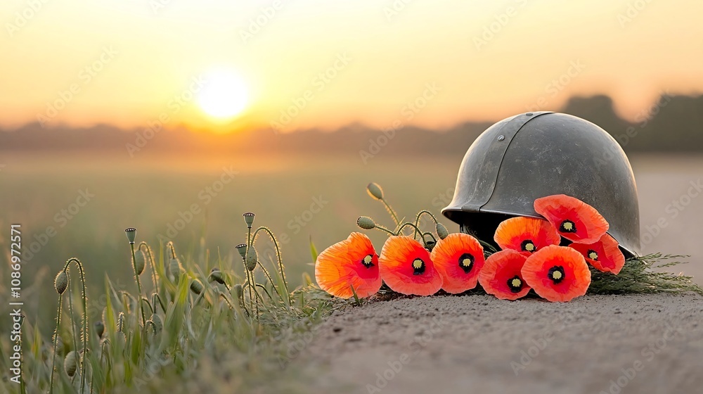 Aufkleber a vibrant bouquet of red poppies set against a historic military helmet illuminated by the warm glow