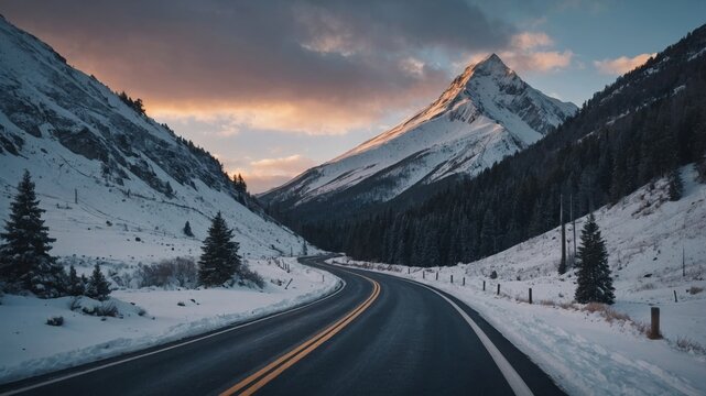 Snowy mountain road winding through winter landscape