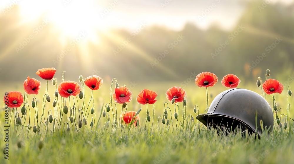 Poster close up of vibrant red poppies and a weathered vintage military helmet set against the warm golden 