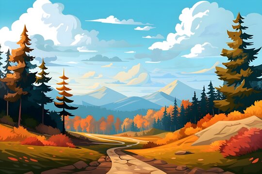 Illustration of a serene forest pathway flanked by tall trees with sunlight filtering through the leaves, casting long shadows on the ground, in a warm autumn setting. river, view, cloud - sky,