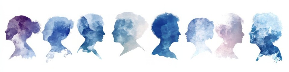 different Silhouettes of an woman heads, overlapping, different directions. shades of blue, purple, or white on the left side. The background is white - Generative AI	