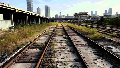 Fototapeta premium Abandoned Railway Tracks Surrounded by Urban Landscape in Bangkok, Showcasing a Contrast Between Nature and City Development
