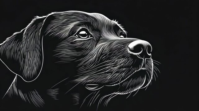 The image features a close-up, stylized drawing of a black labrador
