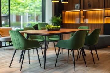 Fototapeta premium Modern dining room interior design with green velvet chairs and wooden table