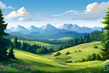 Illustration of a serene forest pathway flanked by tall trees with sunlight filtering through the leaves, casting long shadows on the ground, in a warm autumn setting. river, view, cloud - sky,