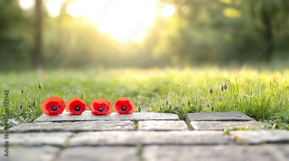 Poster close up of red poppies placed on an ancient military grave with warm golden hour lighting shining o