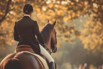 Equestrian rider on horseback enjoying golden hour in autumn forest