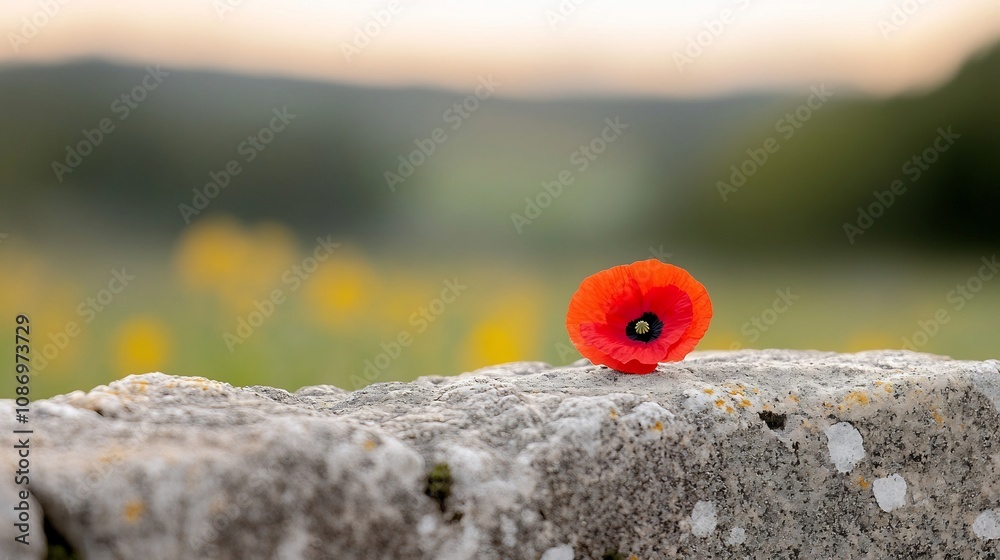 Poster closeup of a vibrant red poppy bouquet resting on the grave of an ancient soldier bathed in the warm
