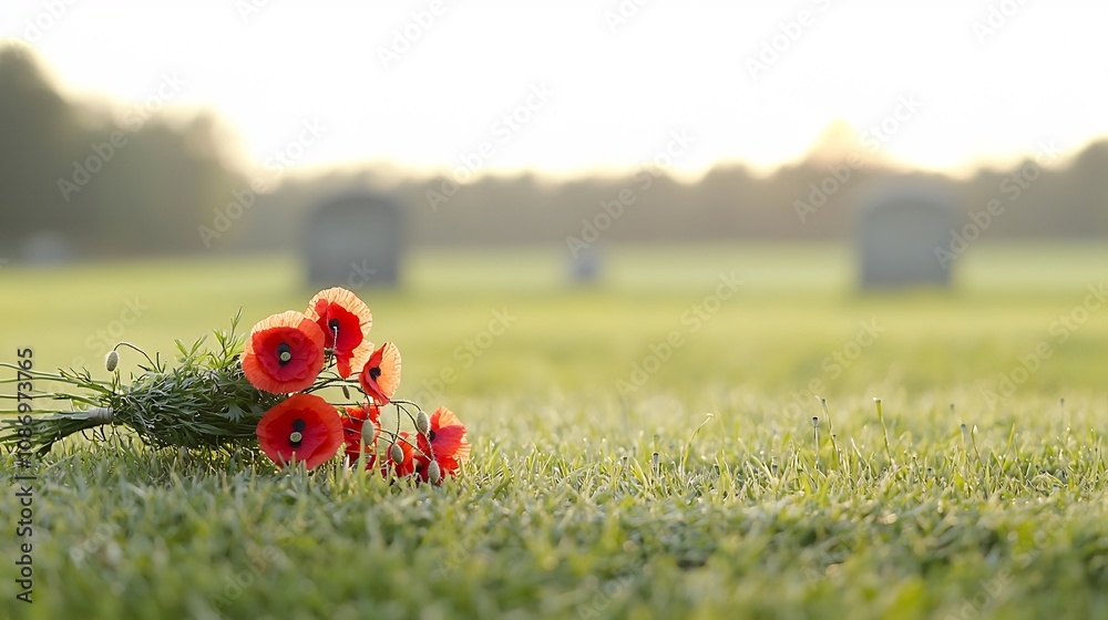 Poster bouquet of vibrant red poppies placed on an ancient gravestone illuminated by the warm glow of golde