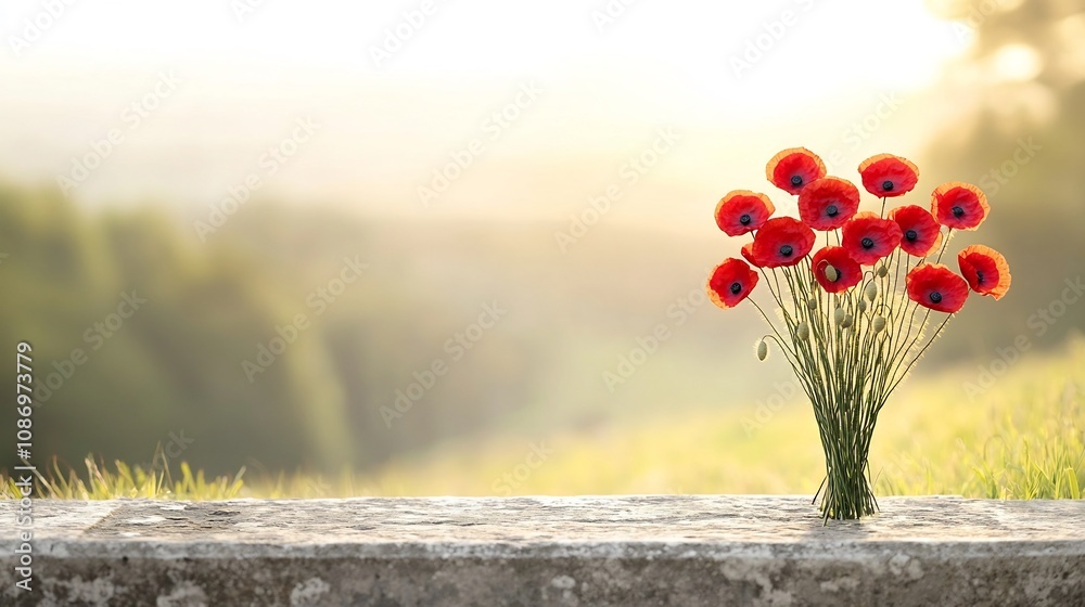 Poster a bouquet of vibrant red poppies rests on an ancient weathered grave illuminated by the soft warm gl
