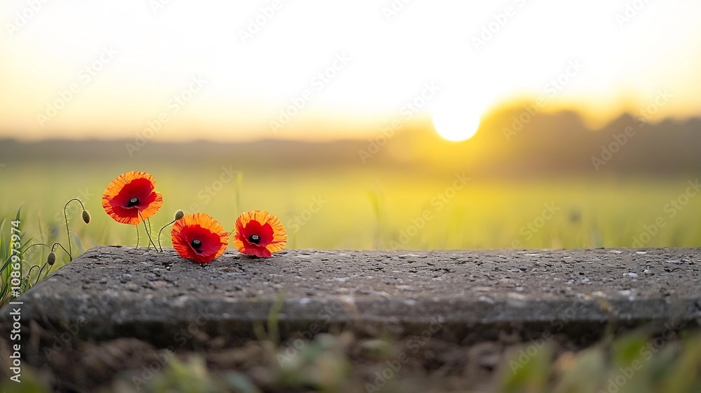 Poster Close up of red poppies resting on an ancient stone grave under a warm golden light creating a serene and solemn tribute to those who have served in times of war