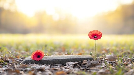 Red poppy flowers laid delicately on an old soldier s grave in the warm golden hour light symbolizing the legacy and sacrifice of veterans who served their country  This serene