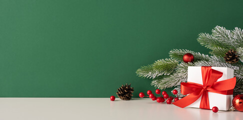 A beautifully wrapped gift with a red ribbon, set against a green backdrop, surrounded by pine...