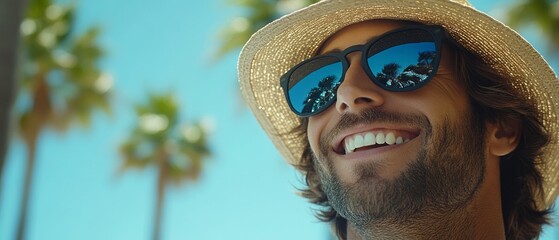 A man wearing sunglasses and a straw hat smiles broadly, soaking up the sun surrounded by swaying palm trees on a clear summer day