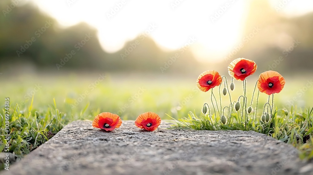 Aufkleber close up of vibrant red poppies adorning an ancient weathered grave under the warm golden light of t