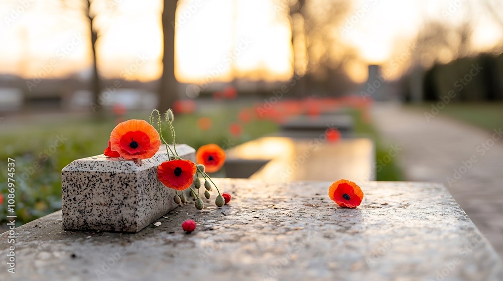 Poster a touching tribute to fallen soldiers with red poppies resting gently on an aging historic gravesite