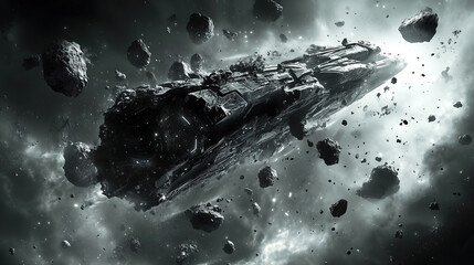 A massive spaceship navigates through an asteroid field in deep space, surrounded by swirling cosmic debris and dark clouds. Generative AI