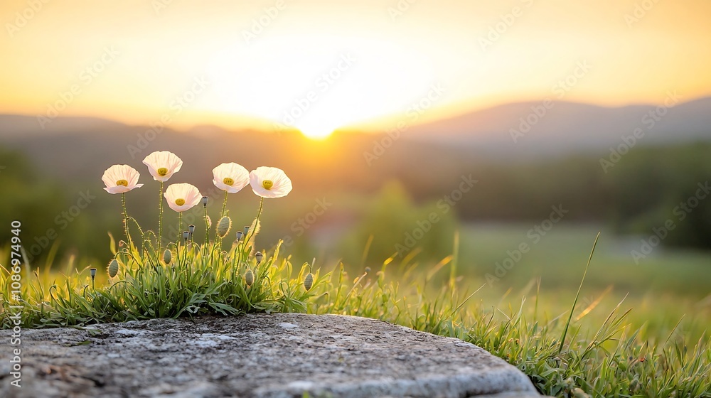 Poster vibrant red poppies adorning the surface of an ancient weathered gravestone symbolizing memory and h