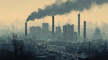 Fototapeta premium Industrial Cityscape with Smoke and Fog