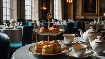 Traditional afternoon tea service in london with pastries and hors d'oeuvres