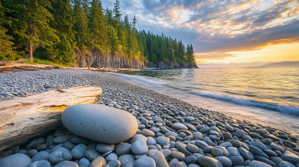 Coastal Sunset over a Pebble Beach