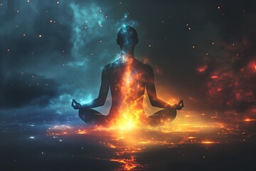 A serene figure meditates amidst a cosmic spectacle of fiery and icy energies.  The silhouette glows, a balance of contrasting elements.