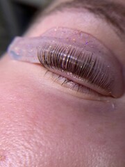 Close-up of a human eye with long eyelashes. The eye has a light iris, possibly green or blue. The eyelashes are thick and curved due to the lamination procedure, giving the eye a expressive and well-