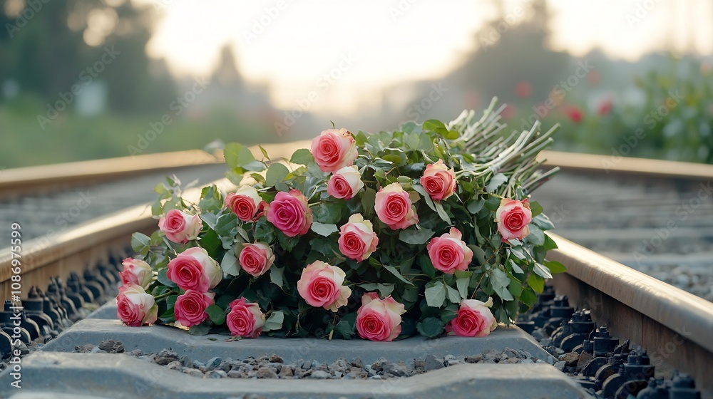 Poster elegant large rose bouquets beautifully arranged on railway tracks with warm golden light filtering 