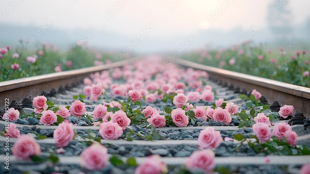 Aufkleber scattered rose bouquets in full bloom lining the train tracks illuminated by the warm golden glow of