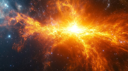 A dazzling explosion of bright orange gas and flames in the cosmos, showcasing the beauty of a distant star formation in deep space. Generative AI