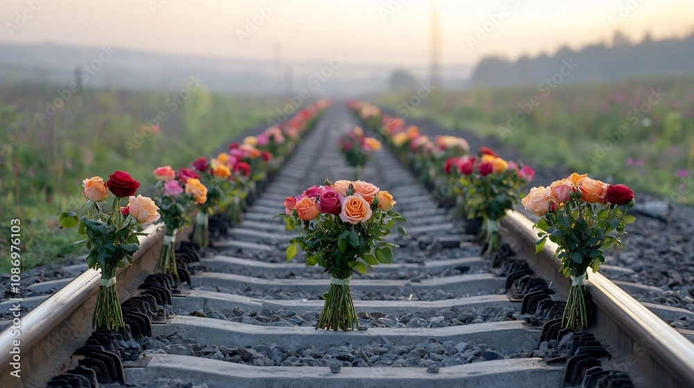 Poster Bouquets of vibrant red roses resting on abandoned railway tracks glowing under the soft golden hour light and creating a poetic tranquil atmosphere