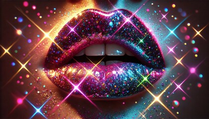 Vibrant glitter lips under colorful lighting