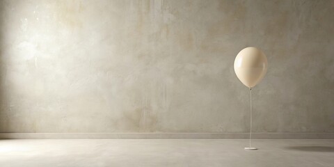 A single cream-colored balloon floats in an empty room with a textured wall