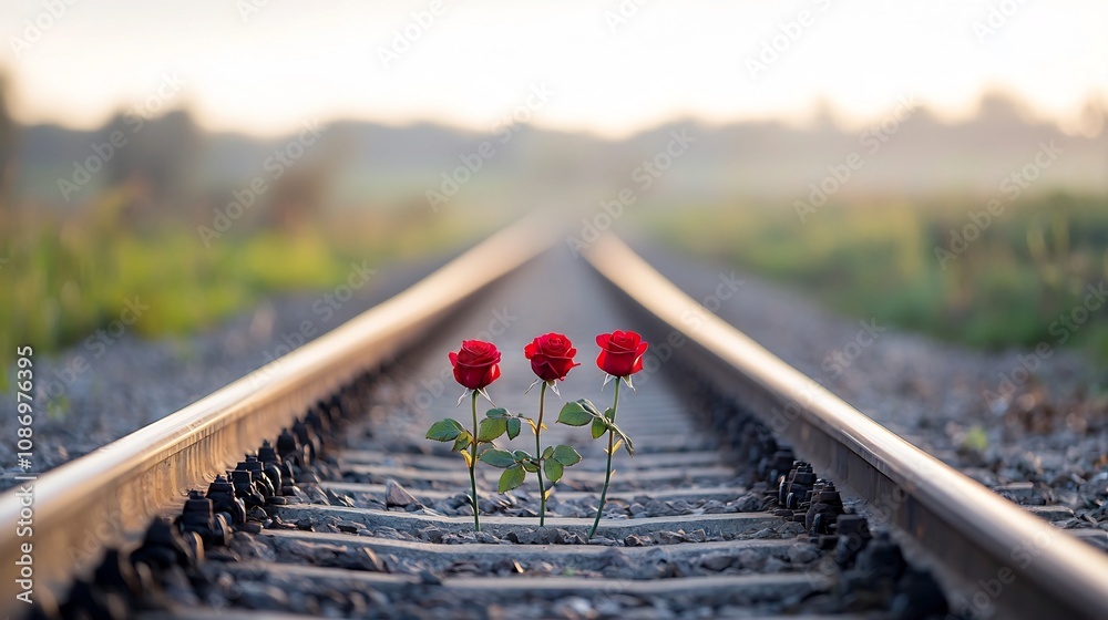 Poster Enchanting scene of beautiful red roses on train tracks under a soft golden light creating long shadows and a romantic dreamy atmosphere