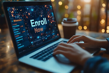 A person enrolling in an online course using a laptop, featuring a modern interface with a highlighted "Enroll Now" button, emphasizing digital education.
