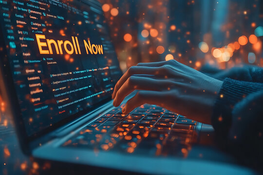 A person enrolling in an online course using a laptop, featuring a modern interface with a highlighted "Enroll Now" button, emphasizing digital education.
