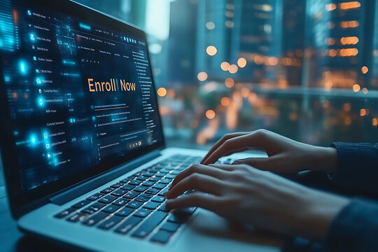 A person enrolling in an online course using a laptop, featuring a modern interface with a highlighted "Enroll Now" button, emphasizing digital education.
