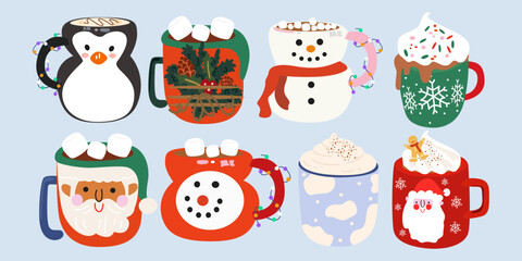 Hot aroma Christmas coffee and cacao drinks collection. Mugs for Xmas, New year or winter holidays. Flat vector different hot beverages. Mugs of Cocoa with marshmallow, coffee with cream