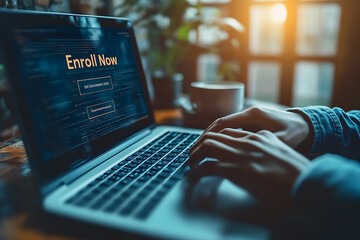 A person enrolling in an online course using a laptop, featuring a modern interface with a highlighted "Enroll Now" button, emphasizing digital education.
