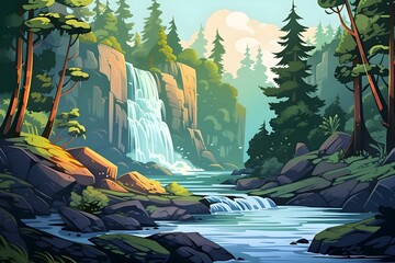 Illustration of a serene forest pathway flanked by tall trees with sunlight filtering through the leaves, casting long shadows on the ground, in a warm autumn setting. river, view, cloud - sky,