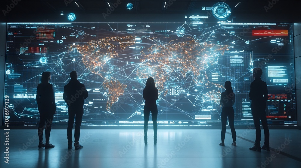 Aufkleber Silhouetted figures standing in a futuristic setting observing a global digital network with interconnected nodes and floating 3D charts and data visualizations representing the concept of technology
