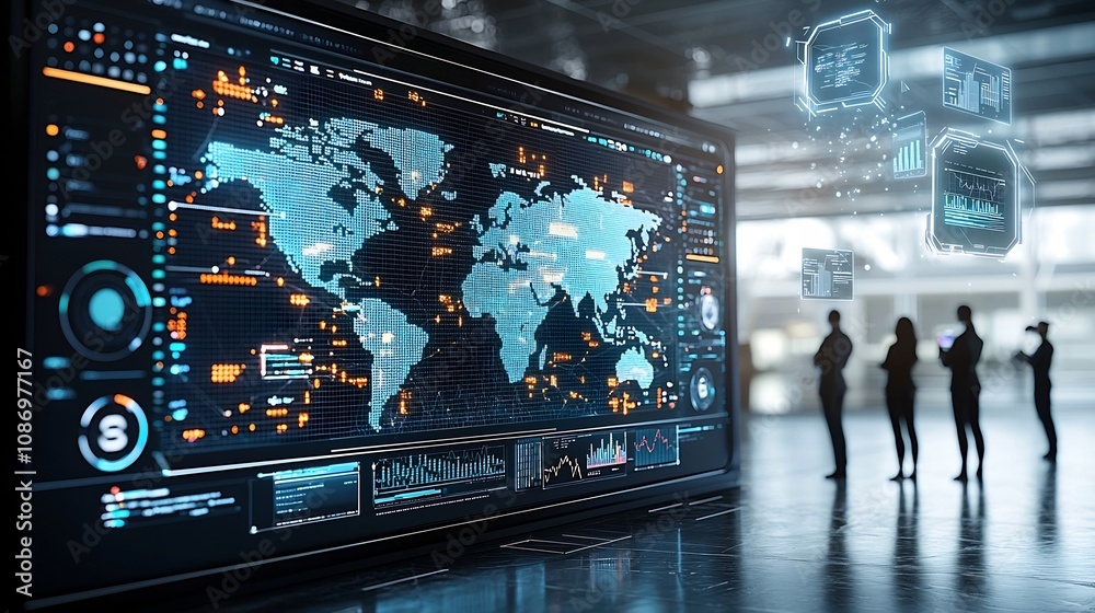 Aufkleber Silhouetted figures observing a digital global network with interconnected nodes and floating 3D data visualization charts in a sleek futuristic setting highlighting the concept of technology